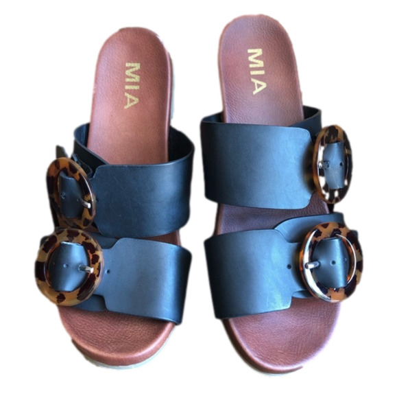 MIA Shoes - Mia black sandal double wide strap tortoise buckle slip on slides brown